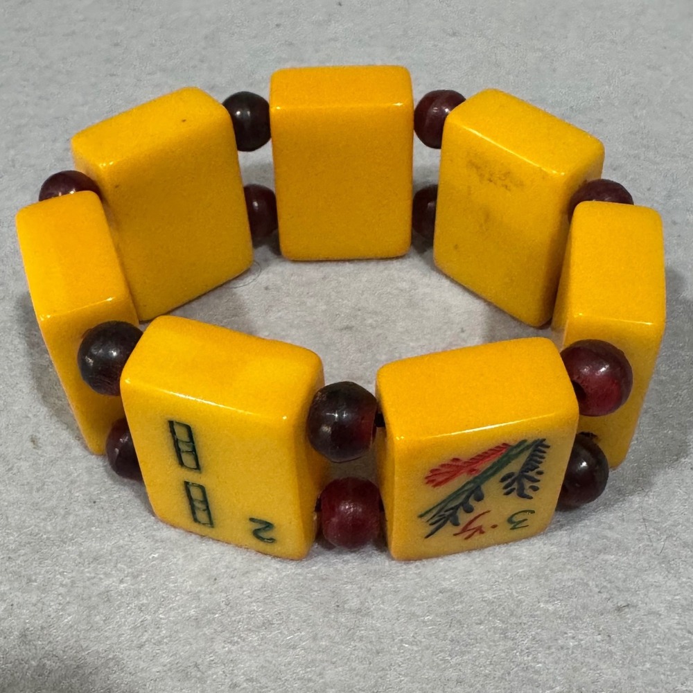 Mahjong Bracelet Women 80g Chunky Yellow Bakelite Vintage Stretch Tile Jewelry